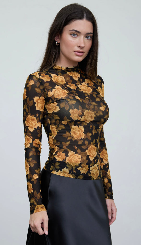 Midnight Floral Mesh Mock Neck Long Sleeve Top- Black