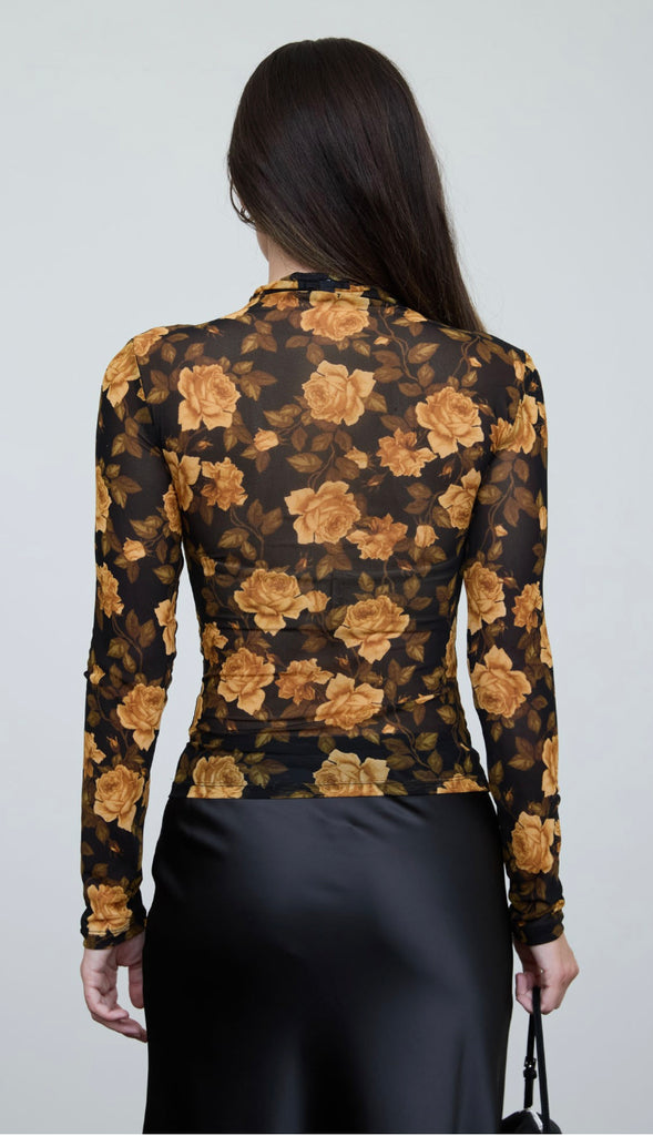 Midnight Floral Mesh Mock Neck Long Sleeve Top- Black