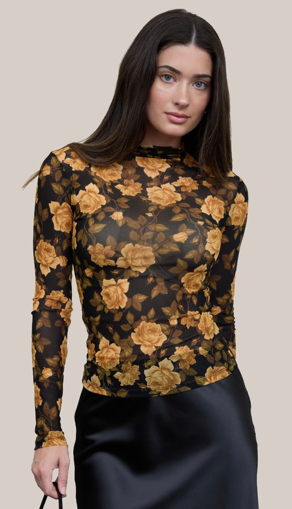 Midnight Floral Mesh Mock Neck Long Sleeve Top- Black