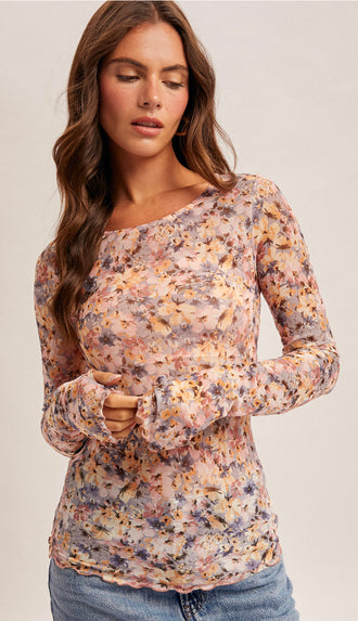 Sasha Floral Printed Mesh Long Sleeve Top- Lavender/ Orange