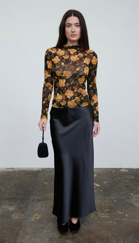 Midnight Floral Mesh Mock Neck Long Sleeve Top- Black