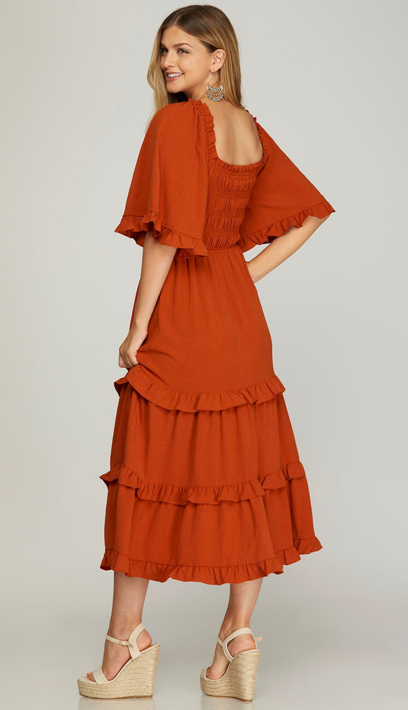 Bethany Bell Sleeve Square Neck Midi Dress- Rust