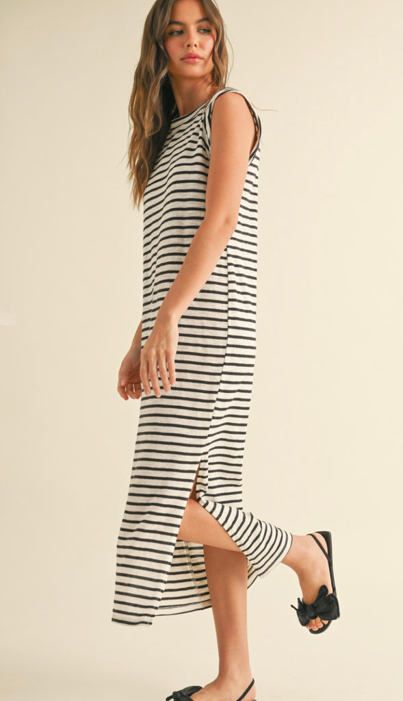 Everyday Ally Casual Stripe Midi Dress- Tan