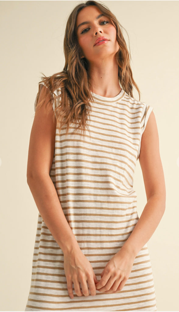 Everyday Ally Casual Stripe Midi Dress- Tan