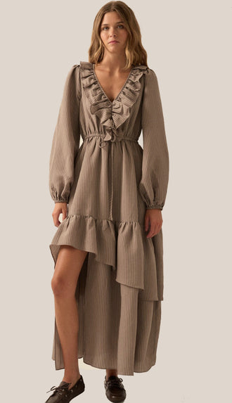 Picture Perfect Tonal Stripe Ruffled Maxi Dress- Espresso