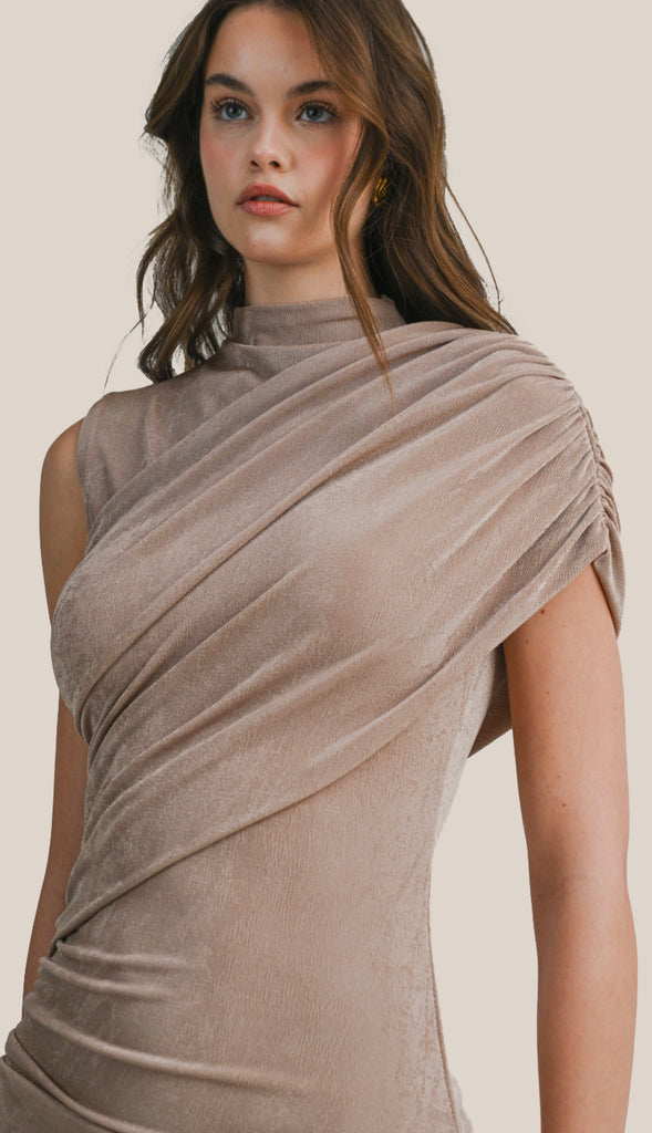 Turning Heads One Shoulder Ruched Draped Detail Dress- Mocha