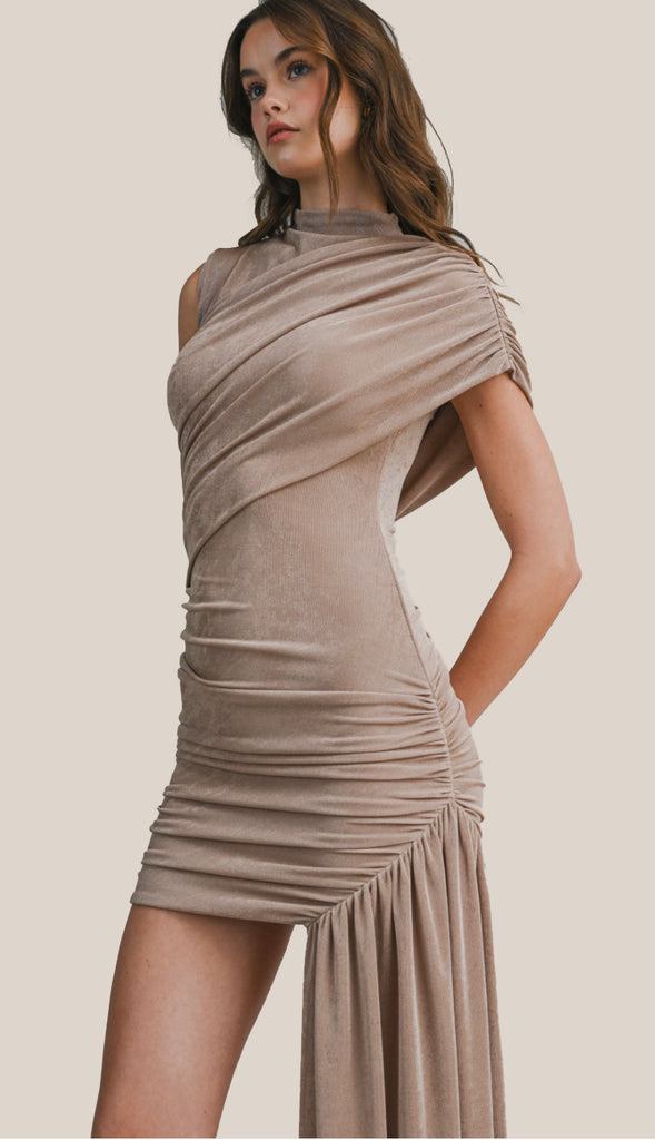 Turning Heads One Shoulder Ruched Draped Detail Dress- Mocha