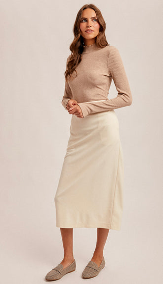 Tala Lettuce Edge Mock Neck Ribbed Top- Mocha Melange