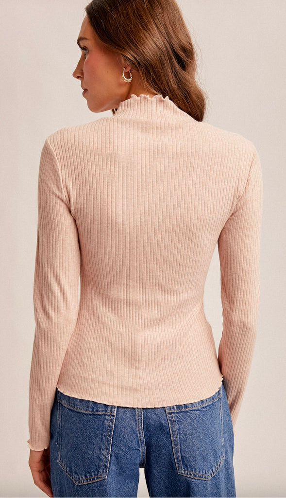 Tala Lettuce Edge Mock Neck Ribbed Top- Pink Melange