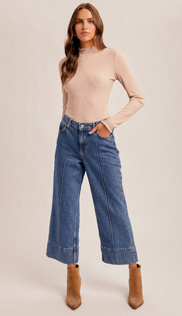Tala Lettuce Edge Mock Neck Ribbed Top- Ivory