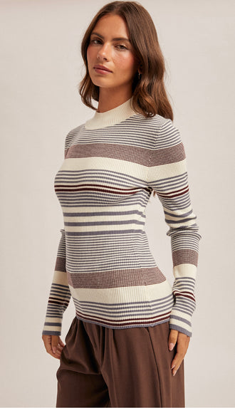 Eva Variegated Stripe Mock Neck Rib Sweater- Eggplant/Blue