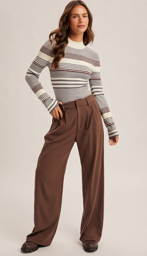 Eva Variegated Stripe Mock Neck Rib Sweater- Eggplant/Blue
