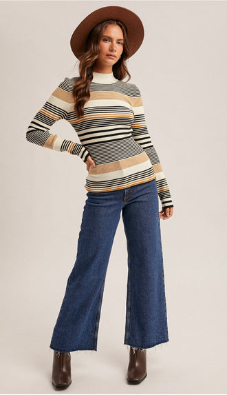 Eva Variegated Stripe Mock Neck Rib Sweater- Black/Must