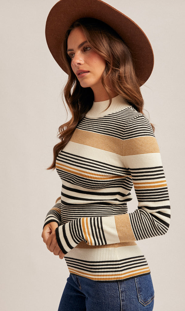 Eva Variegated Stripe Mock Neck Rib Sweater- Eggplant/Blue