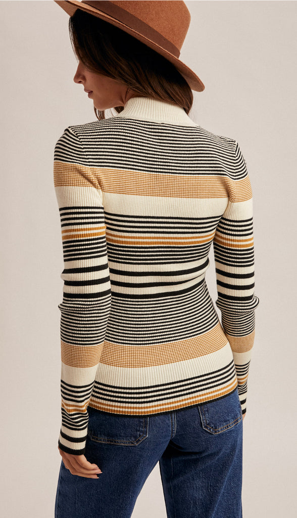 Eva Variegated Stripe Mock Neck Rib Sweater- Eggplant/Blue