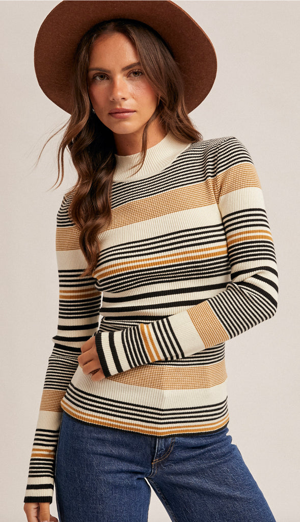 Eva Variegated Stripe Mock Neck Rib Sweater- Eggplant/Blue