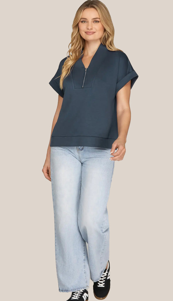 Jayme Drop Shoulder Half Zip Top- Navy