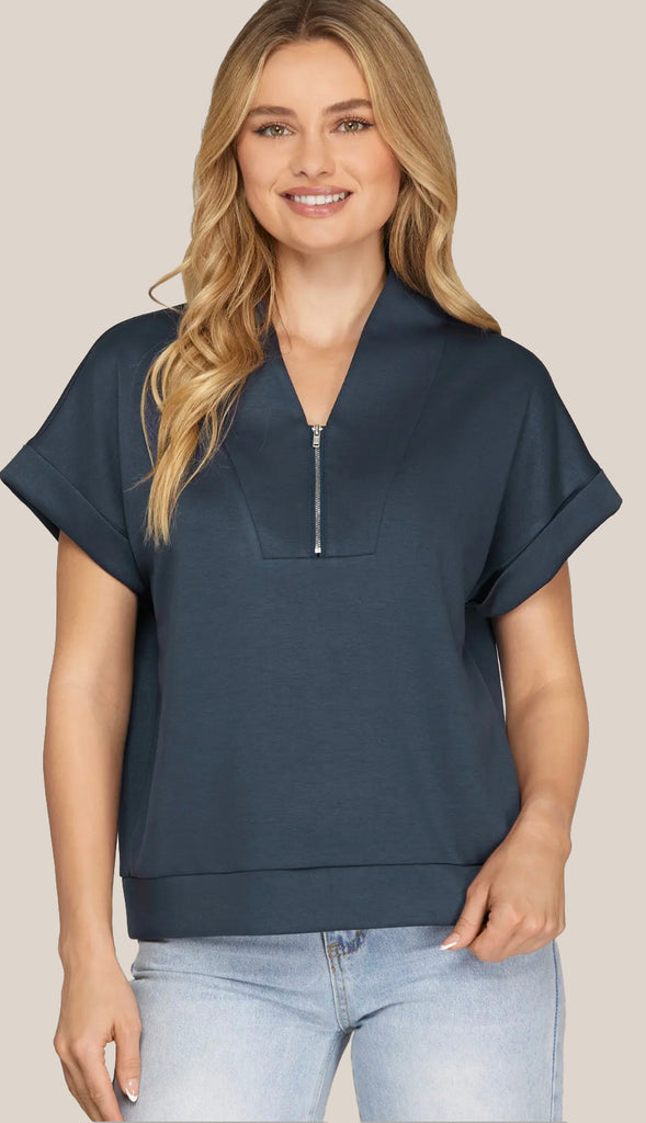 Jayme Drop Shoulder Half Zip Top- Navy