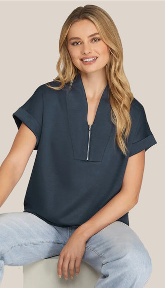 Jayme Drop Shoulder Half Zip Top- Navy