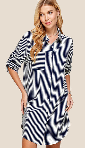 Blair Pocket And Stripe Shirt Dress- Navy