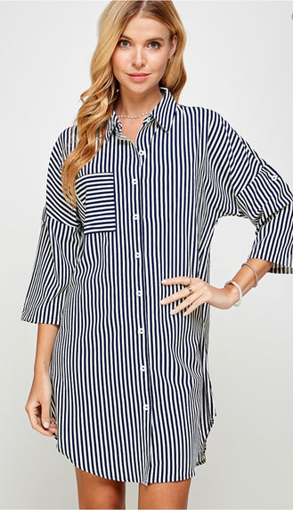 Blair Pocket And Stripe Shirt Dress- Navy