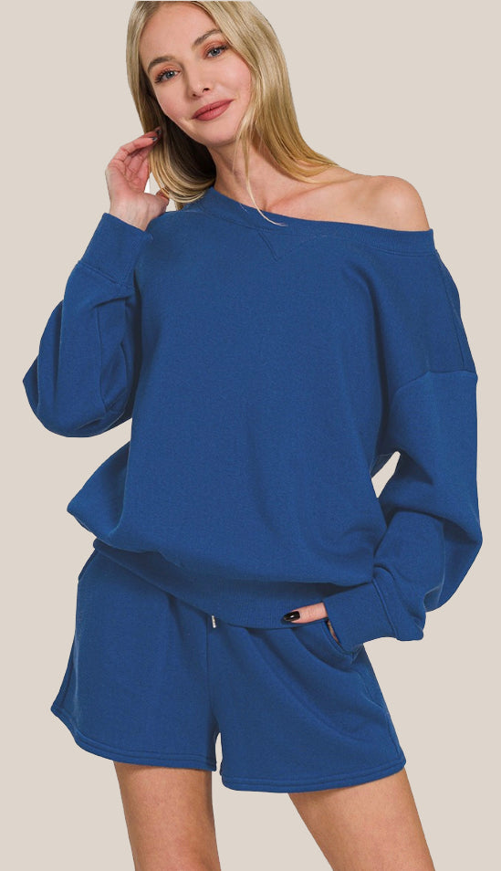 By The Campfire Sweatshirt & Shorts Set- Dusty Blue