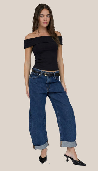 Better Than Basic Fold Over Short Sleeve Bodycon Top- Black