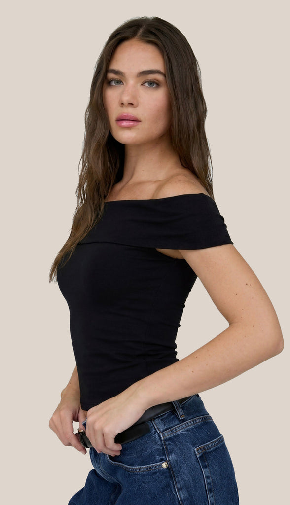 Better Than Basic Fold Over Short Sleeve Bodycon Top- Black
