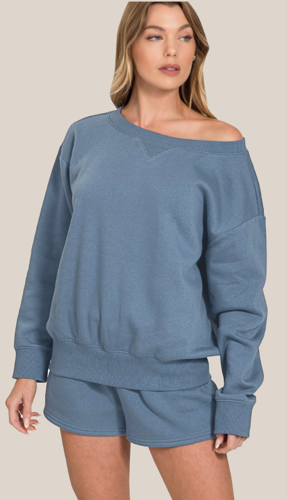 By The Campfire Sweatshirt & Shorts Set- Dusty Blue