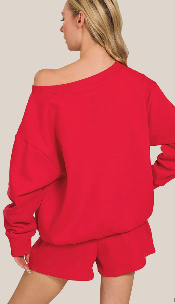 By The Campfire Fleece Sweatshirt & Shorts Set- Ruby