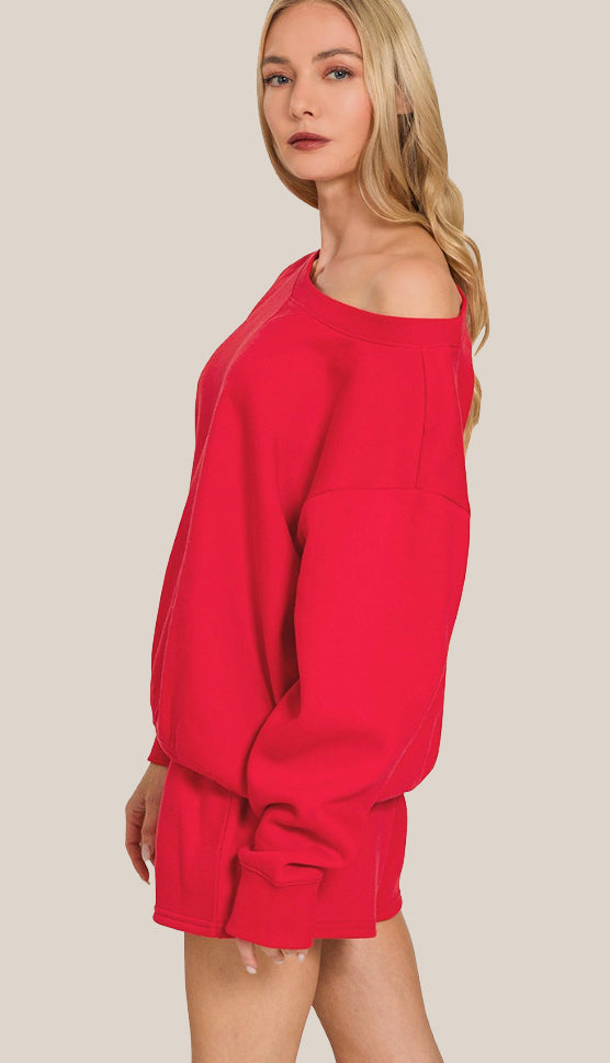 By The Campfire Fleece Sweatshirt & Shorts Set- Ruby