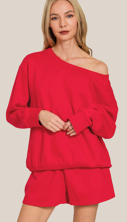 By The Campfire Fleece Sweatshirt & Shorts Set- Ruby