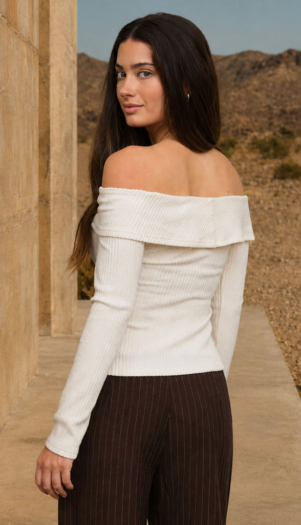Off Shoulder Button Down Rib Knit Top- Cream