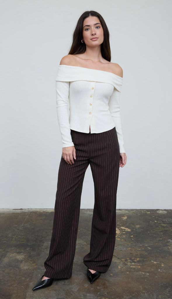 Off Shoulder Button Down Rib Knit Top- Cream
