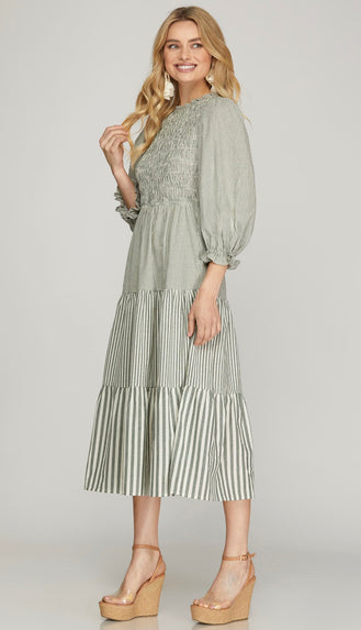 Haley Stripe Smocked Midi Dress- Olive
