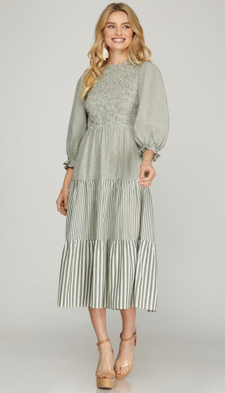 Haley Stripe Smocked Midi Dress- Olive