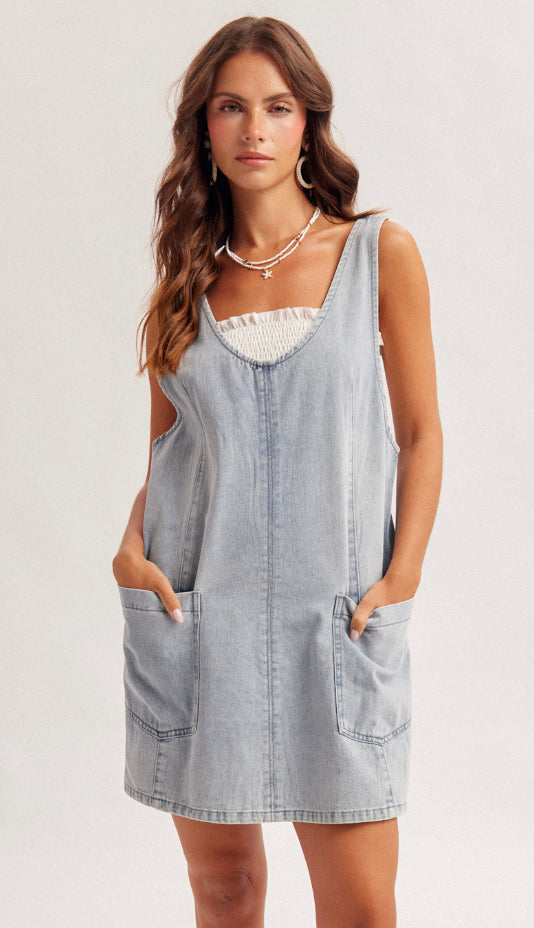 Miranda Overall Mini Dress- Denim Blue
