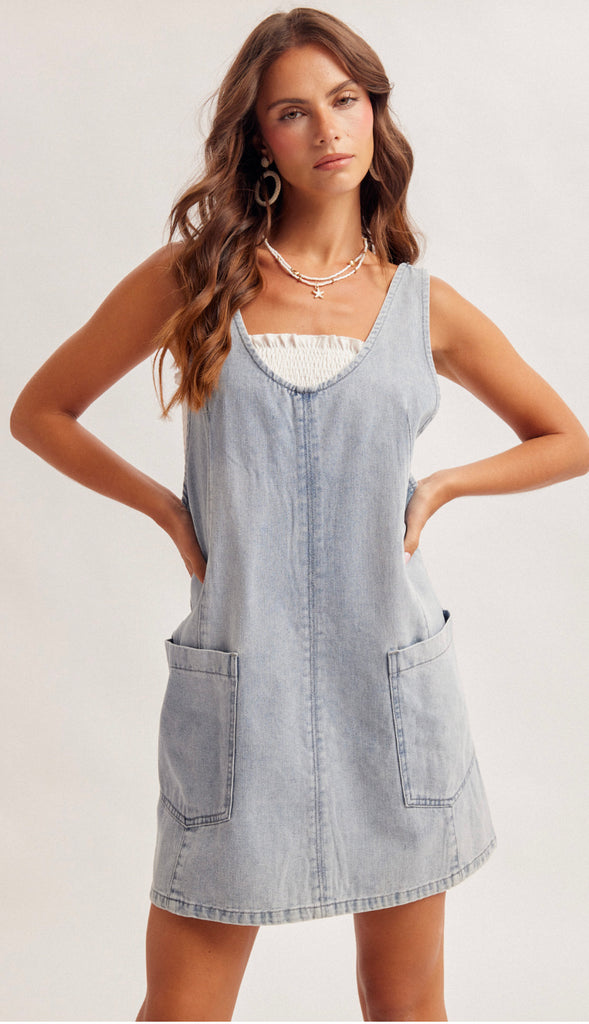 Miranda Overall Mini Dress- Denim Blue