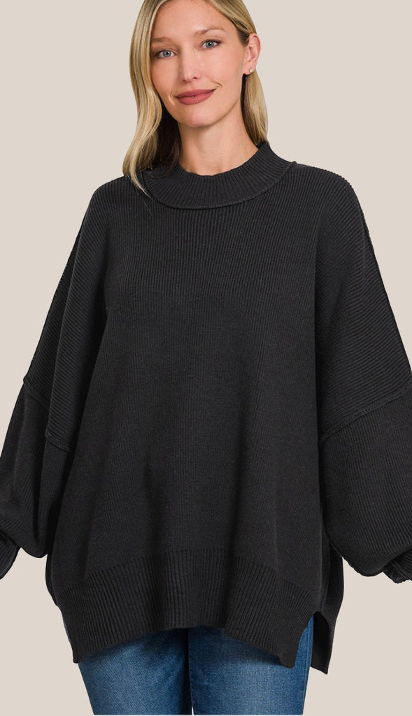 Easy Does It Side Slit Oversized Sweater- Ash Jade