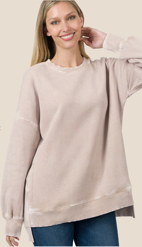 Coziest Ever Acid Wash Sweatshirt- Dusty Blue