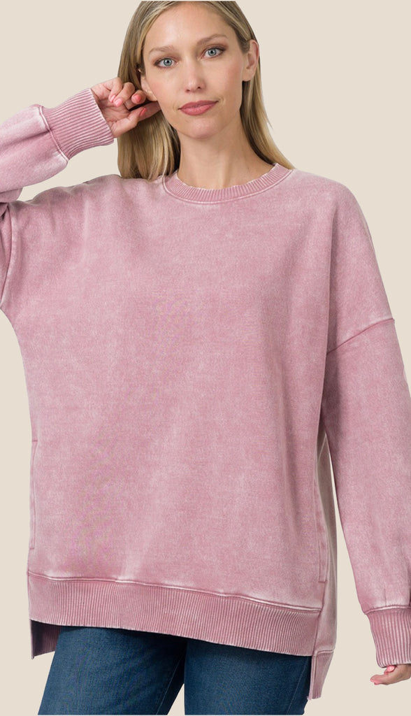 Coziest Ever Acid Wash Sweatshirt- Dusty Blue