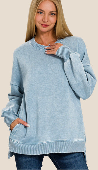 Coziest Ever Acid Wash Sweatshirt- Blue Grey