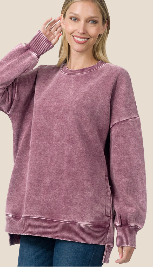 Coziest Ever Acid Wash Sweatshirt- Blue Grey