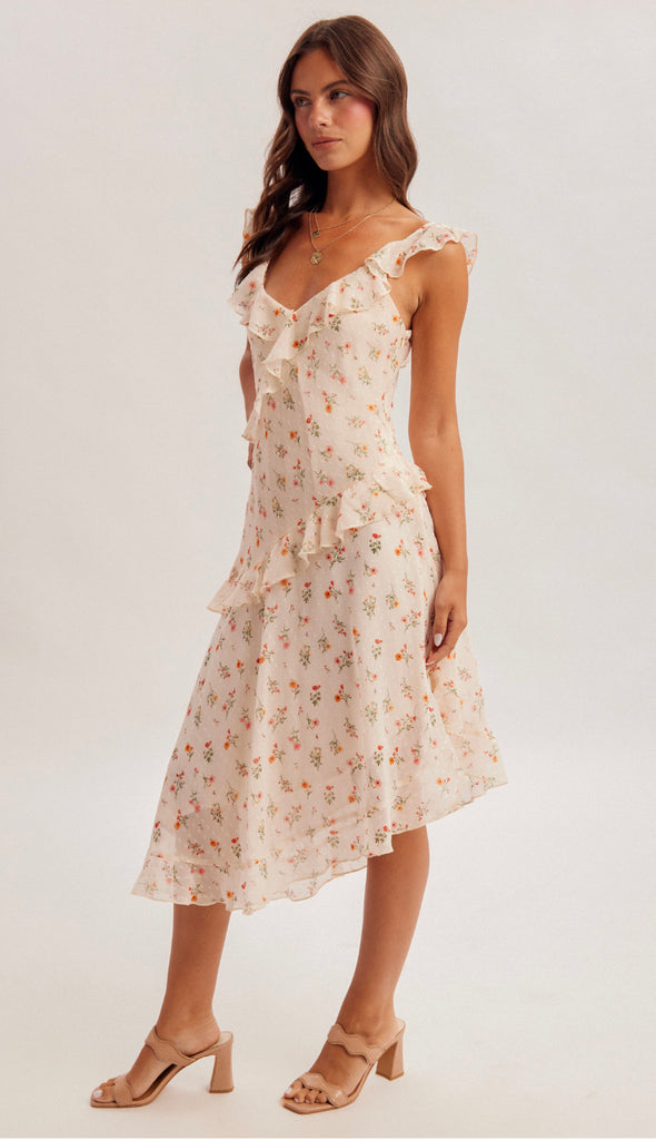 Picture Perfect Floral Asymmetrical Dress- Peach