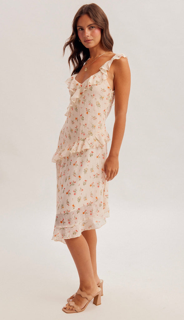 Picture Perfect Floral Asymmetrical Dress- Peach