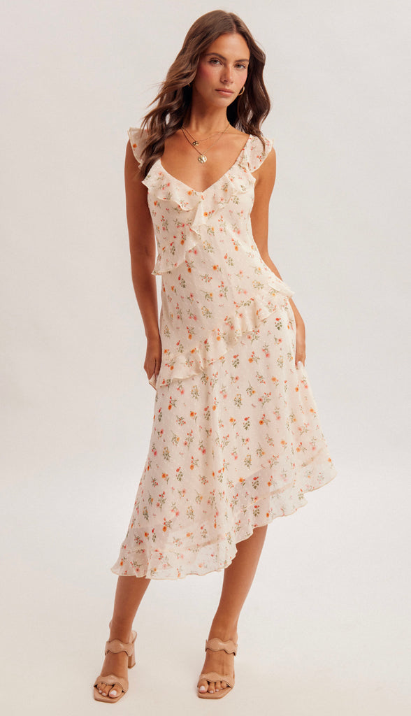 Picture Perfect Floral Asymmetrical Dress- Peach