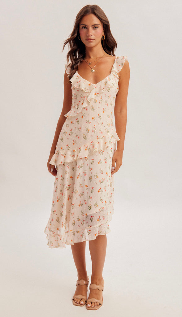 Picture Perfect Floral Asymmetrical Dress- Peach