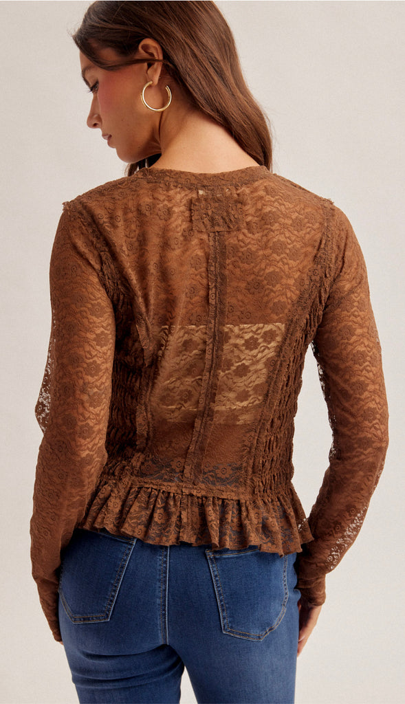 Rachel Smocked Bodice Long Sleeve Lace Top- Brown