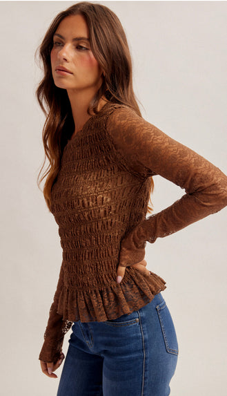 Rachel Smocked Bodice Long Sleeve Lace Top- Brown