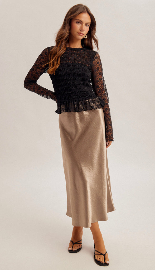 Rachel Smocked Bodice Long Sleeve Lace Top- Black